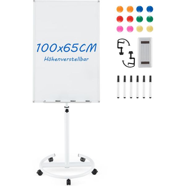Costway Supporto Per Lavagna A Fogli Mobili 100X65Cm, Lavagna Magnetica Mobile Con Pennarelli, Cancellino E Rotelle, Altezza Regolabile Fino A 192Cm, Cancellabile A Secco-image
