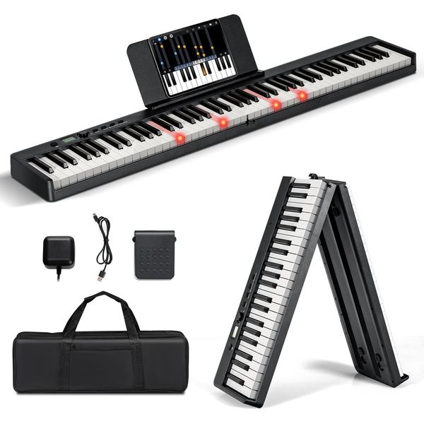 Costway Tastiera Elettrica Pieghevole Con 88 Tasti Illuminati A Grandezza Naturale, Finitura Con Venature Del Legno Migliorate, Funzione Split, 2 Modalità Didattiche, Pianoforte Digitale Con Doppia Connessione Wireless, MP3/USB/MIDI, Nero-image