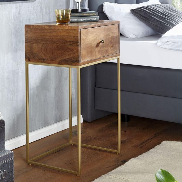 Finebuy Comodino In Legno Massiccio Di Mango Con Struttura In Metallo Dorato Cassetto - Console Da Letto Box Spring Letto, Cassettiera Da Letto Spazio Di Archiviazione - Comodino-image