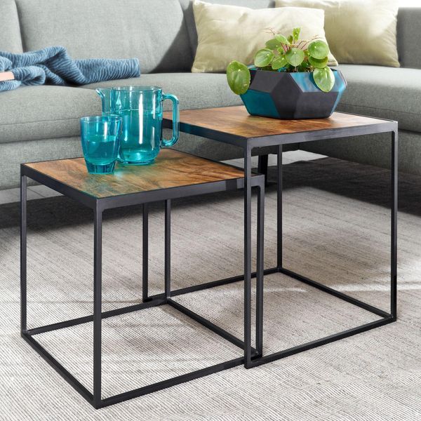 Finebuy Tavolo Da Soggiorno Set Di 2 Tavolino In Legno Massiccio Di Mango / Metallo Tavolino Quadrato Tavolino Da Divano Industriale Tavolino Da Caffè Set Di Tavoli Quadrati-image