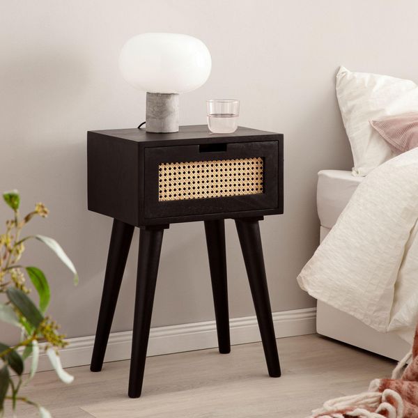 Finebuy Console Da Letto In Legno Massiccio Di Mango Con Cassetto In Rattan Nero - Comodino In Design Boho, Comodino Letto A Molla, Vimini Viennese Fatto A Mano-image