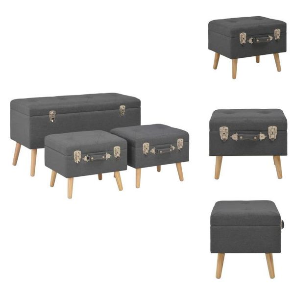Vidaxl Sgabello Con Vano Portaoggetti 3 Pz. Tessuto Grigio Scuro - Panche Per Il Corridoio-image