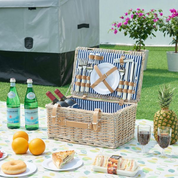 Cestino Da Picnic 'Lumparland' Set Completo Per 4 Persone In Vimini 42 X 28 X 20 Cm Bianco / Blu-image