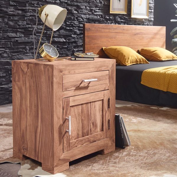 Finebuy Comodino In Legno Massiccio Di Acacia - Comodino Con Cassetto E Anta Fatto A Mano, Comodino Per Camera Da Letto Letto 50X40X60Cm-image