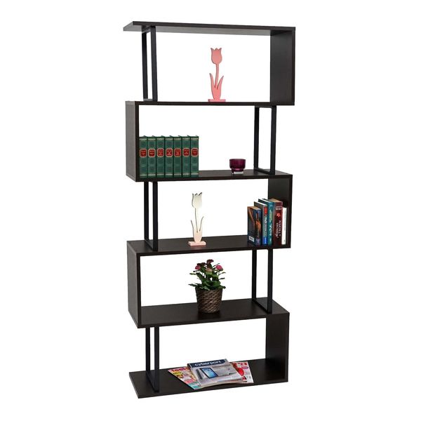 BüCherregal MCW-A27, Standregal Wohnregal, 183X80Cm 3D-Struktur 5 Ebenen ~ Dunkelbraun, Metall Schwarz-image