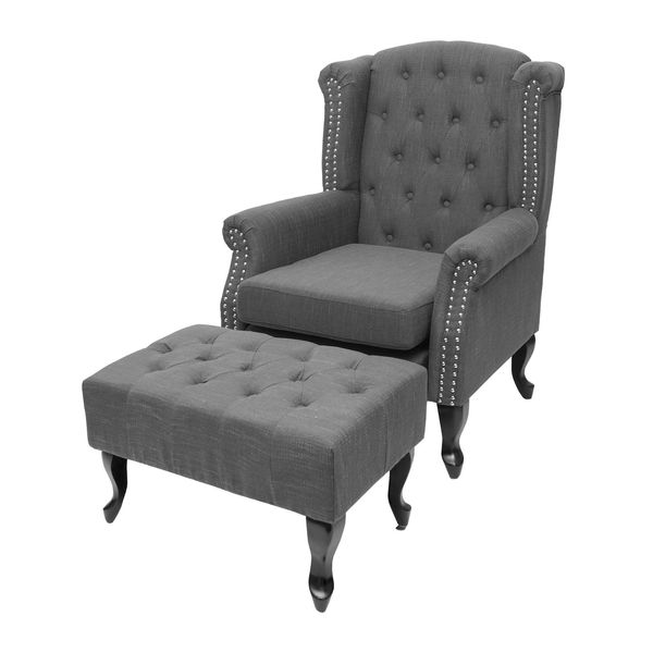 Sessel Chesterfield Oxford, Relaxsessel Clubsessel Ohrensessel, Wasserabweisend Stoff/Textil ~ Dunkelgrau Mit Ottomane-image