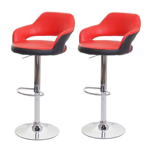 2Er-Set Barhocker MCW-F16, Barstuhl Tresenhocker Drehhocker, Mit Lehne Kunstleder ~ Rot-Schwarz-image
