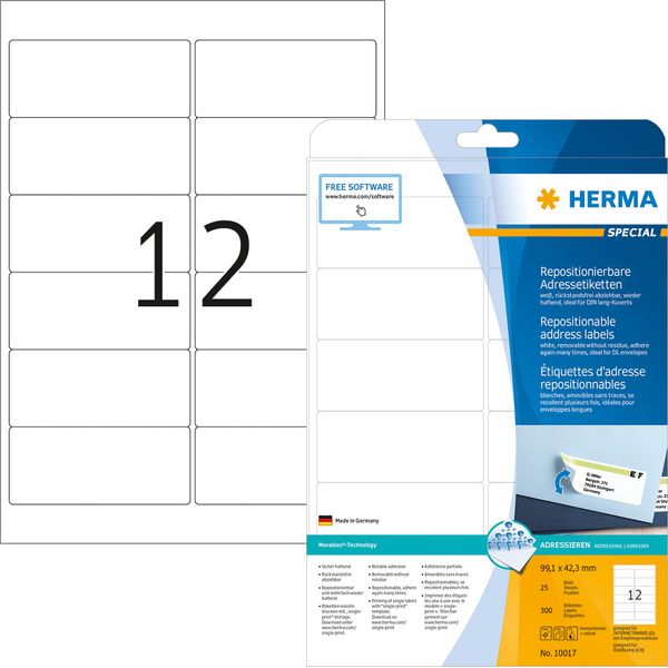 Herma Herma Etichette Riposizionabili Per Indirizzi A4 99,1X42,3 Mm Bianco Carta Mobile Opaca 300 Pz.-image