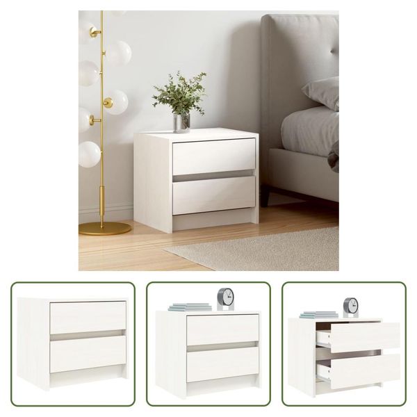 The Living Store Comodino Bianco 40X31X35,5 Cm In Legno Di Pino Massiccio-image