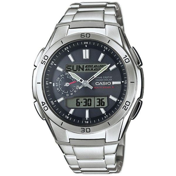 Funkchronograph Casio Funk, Schwarz (Silberfarben, Dunkelblau), Armbanduhren, Herren, Solaruhr, Armbanduhr, Digitaluhr, Edelstahlarmband,Bis 10 Bar Wasserd.-image
