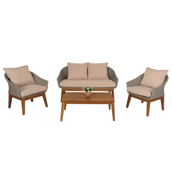 Gartengarnitur MCW-N37, Garten-/Lounge-Set Sofa Sitzgruppe, Poly-Rattan Holz Akazie ~ Grau, Kissen Beige-image