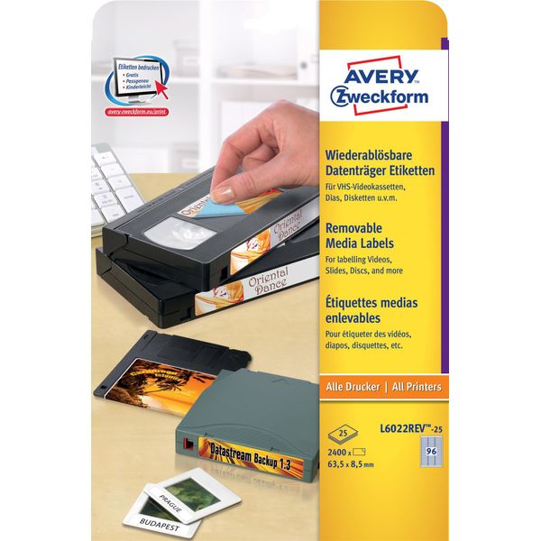 Avery Zweckform® L6022REV-25 L6022REV-25 Etichette Per Cartucce Dati, Rimovibili, 63,5 X 8,5 Mm, 25 Fogli/2.400 Etichette, Bianco-image