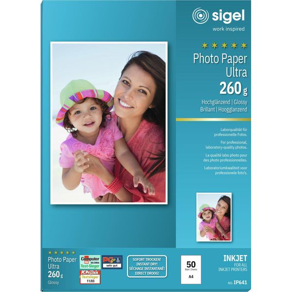 Sigel Inkjet Ultra Photo Paper IP641 - Carta Fotografica, Lucida - Bianco Lucido - A4 (210 X 297 Mm) - 260 G/M2 - 50 Fogli (IP641)-image
