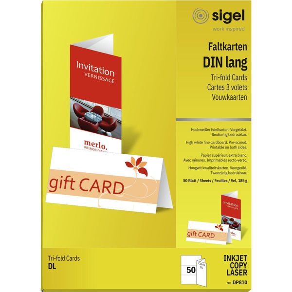 Sigel Pc Cartoncini Pieghevoli, Din Lungo (A4), 185 G/M², Cartoncino Bianco Brillante, Per Fotocopiatrici Laser A Getto D'inchiostro, Contenuto: 50 Cartoncini (DP810)-image