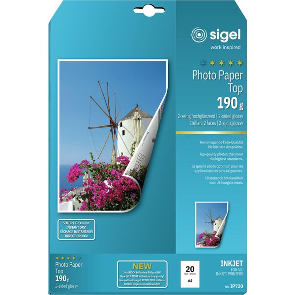 Sigel® IP720 Carta Fotografica A Getto D'inchiostro Top - A4, Lucida Su 2 Lati, 190 G/M², 20 Fogli-image