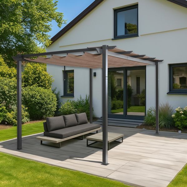 Pergola In Alluminio HWC-N93, Gazebo Da Giardino, Struttura Robusta Da 8 Cm, Tetto Scorrevole UV50+ 3X4M ~ Grigio-image