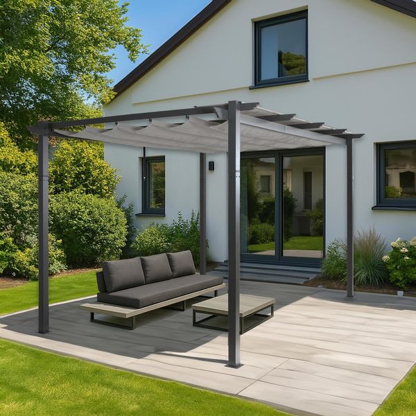 Pergola In Alluminio HWC-N93, Gazebo Da Giardino, Telaio Stabile Da 8 Cm, Tetto Scorrevole UV50+ 3X4M ~ Grigio-image
