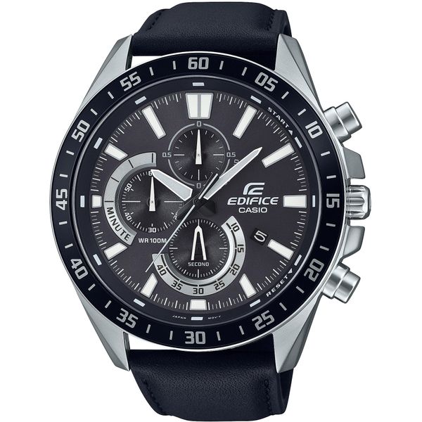 Chronograph Casio Edifice, Schwarz (Schwarz, Schwarz), Armbanduhren, Herren, Chronograph, Quarzuhr, Armbanduhr, Herrenuhr, Lederarmband,Datum, Lederband-image