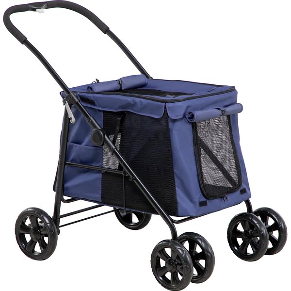 Pawhut Passeggino Per Cani, Passeggino Pieghevole Per Cani, Carrello Per Cani Con Cuscino, Passeggino Per Gatti Fino A 20 Kg, Passeggino Per Cani Di Piccola E Media Taglia Con Tasche Laterali, Finestra A Rete, Tessuto Oxford, Blu-image