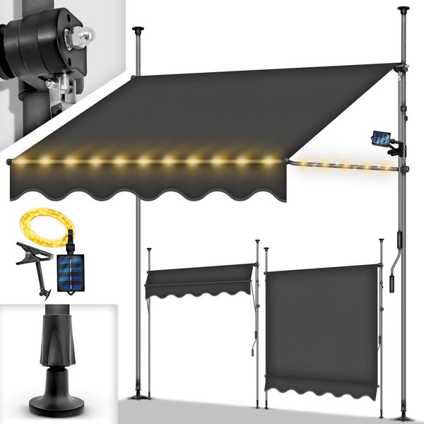 Tillvex Tenda A Morsetto 150 Cm Antracite Con Led Solare Con Manovella Balcone | Tenda Da Balcone Senza Foratura | Tenda Resistente Ai Raggi Uv E Regolabile In Altezza | Protezione Solare Impermeabile-image