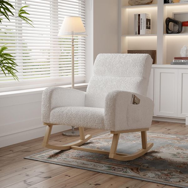 Sedia A Dondolo Mid-Century Modern Nursery Sedia A Dondolo Imbottita Con Schienale Alto Accent Glider Rocker Per Il Soggiorno, Struttura In Legno Massiccio, Tessuti Di Alta Qualità (Beige)-image