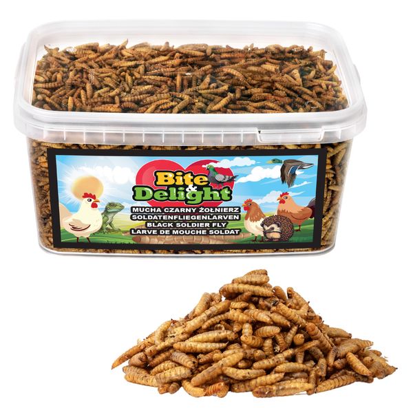 Bite&Delight Larve Di Mosca Soldato Nera Essiccate 2,5L / 450G - Fonte Naturale Di Proteine Per Pollame, Uccelli Selvatici, Rettili E Piccoli Animali-image