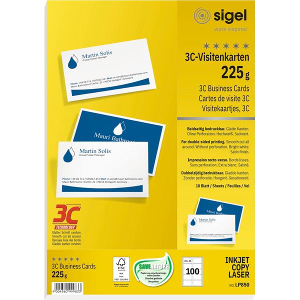Biglietti Da Visita Sigel LP850, 3C, Taglio Liscio, 225 G/M², Bianco Brillante, 100 Pz-image