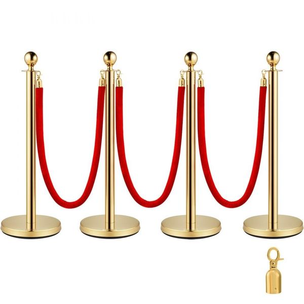 Palo Della Barriera In Acciaio Inox - Supporto Di Demarcazione A Corda - Testa A Sfera - 3 Corde Di Velluto Rosso - Colonna Dorata - Confezione Da 4 - Barriere Di Controllo Della Folla-image