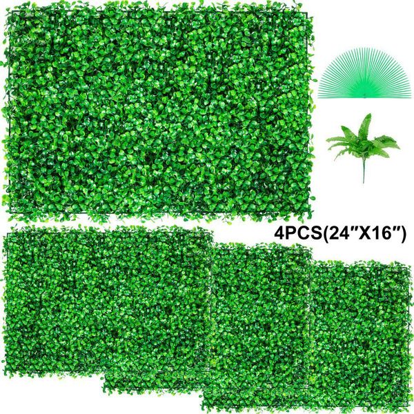 Parete Di Piante Artificiali 4 Pezzi - Schermo Di Privacy Artificiale Verde - Pannello Di Bosso Artificiale Pe - Schermo Di Privacy Di Piante Artificiali 60 X 40 Cm - Parete Di Piante Di Decorazione Murale 24 X 16 Pollici.-image