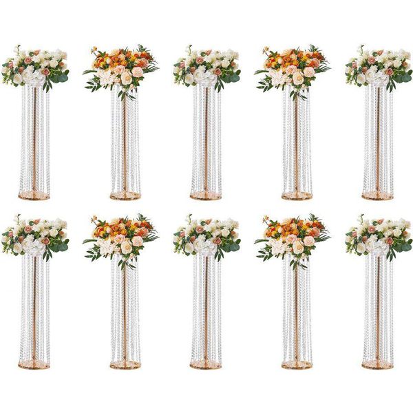Set Di 10 Portafiori - Tavolino Moderno In Ferro Con Vaso Di Cristallo - Zincato Oro - Sgabello Per Piante Per Bar, Hotel, Caffè - Decorazione In Metallo 20X20X90Cm-image