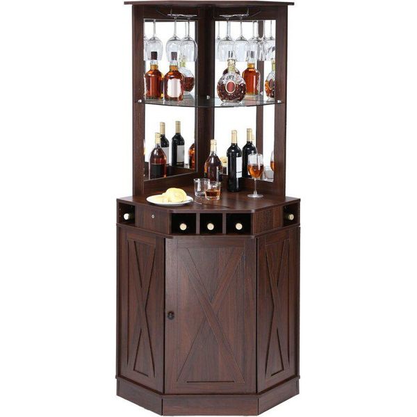 Mobile Bar Angolare Industriale - Tavolo Da Vino Per Liquori E Bicchieri - Mobile Buffet Con Portabicchieri - Mobile Bar Indipendente - Legno Rustico - Soggiorno - Home Bar - Legno Di Noce-image