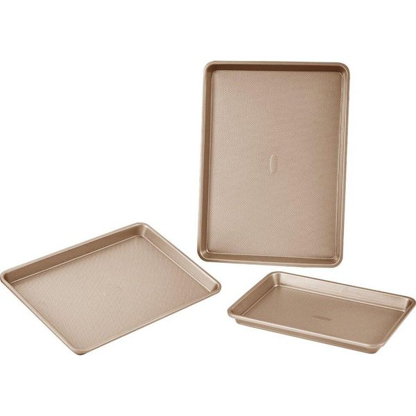 Set Di 3 Teglie Da Forno Acciaio Al Carbonio Con Manici In Silicone Dorato - Teglie Da Cucina Di Alta Qualità-image