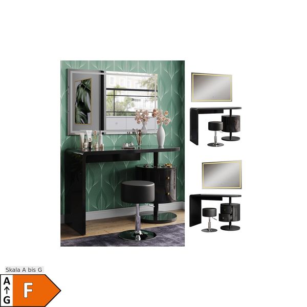 Vicco Schminktisch Lara Schwarz Hochglanz 120 Cm Mit Led-Spiegel Und Hocker-image