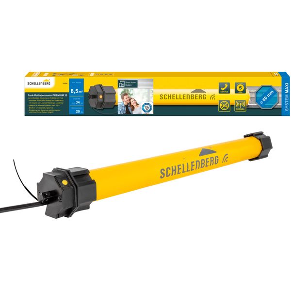 Rollladenmotor Schellenberg "Premium, Rohrmotor Mit Funk Endlageneinstellung", Gelb, B:6,5Cm L:55,5Cm Ø:4,5Cm, Kunststoff, Stahl, Rollladenmotoren, Geeignet FüR 60 Mm Rollladenwellen, Maxi, 20 Nm, Zugkraft 34 Kg-image