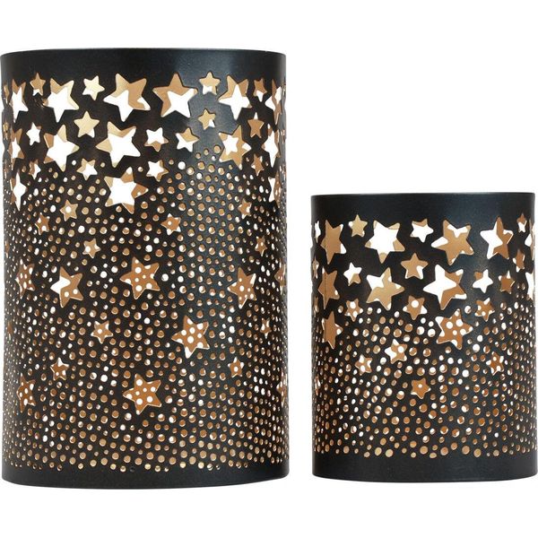 Nero Dorato Portacandele Stelle Metallo Set Decorazione Natale Tealight Set Di 2-image