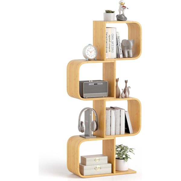 Costway Libreria A Forma Di S, Scaffale In Piedi In Bambù Con 4 Livelli, Scaffale A Cubo, Scaffale Da Ufficio, Scaffale Portaoggetti Naturale 61 X 23 X 133,5 Cm-image