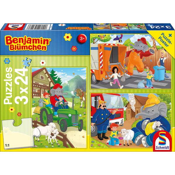 3 X 24 Pezzi Schmidt Spiele Puzzle Per Bambini Benjamin BlüMchen In Action 56207-image