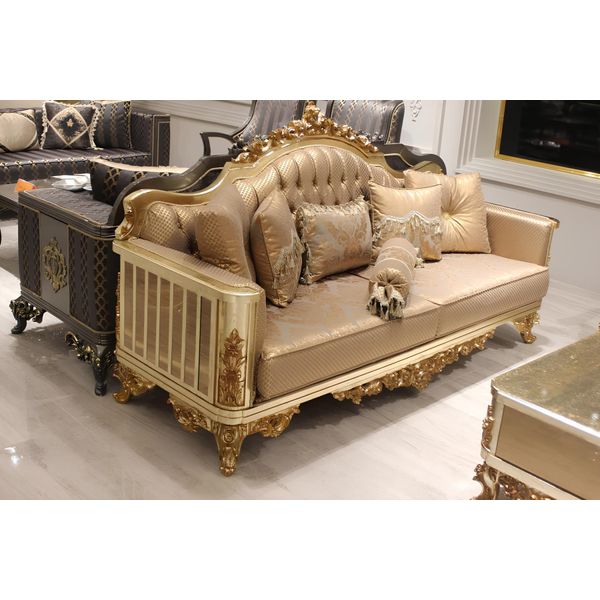 Set Di Divani 3+3 Posti Per Soggiorno Design Divano Oro Chesterfield Tessile Nuovo-image