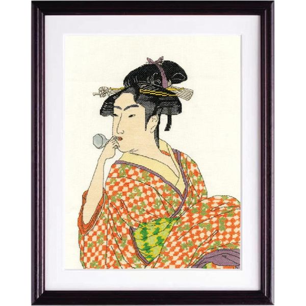 Kit Olympus Per Il Punto Croce Contato "Giovane Donna Che Soffia Un Popen Di Kitagawa Utamaro"", 36,5X29 Cm, Originale Dal Giappone"-image