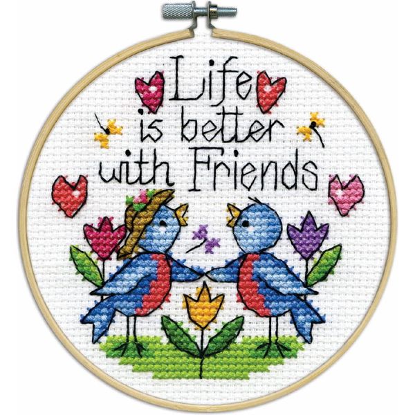 Confezione Da Ricamo A Punto Croce Design Works Con Telaio Da Ricamo "Friends"", Schema Di Conteggio, Diam. 10 Cm"-image