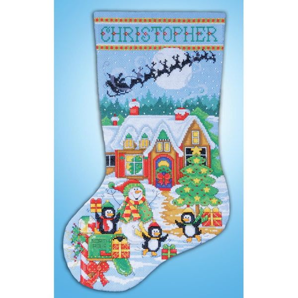 Kit Per Ricamo A Punto Croce Design Works "Calza Di Natale Pinguino Party"", Schema Contato, 43X30Cm"-image