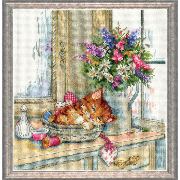 Kit Per Ricamo A Punto Croce Design Works "Sonnellino Del Gatto"", Schema Contato, 25X25Cm"-image