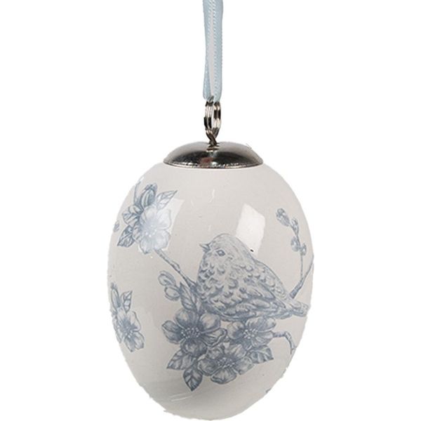 Ciondolo Uovo Di Pasqua Clayre & Eef Ø 6X8 Cm In Ceramica Bianca E Blu-image