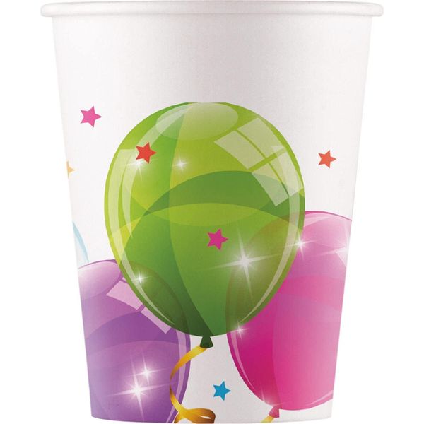 Procos 93462 - Bicchiere Party Sparkling Balloons, Capacità Massima 200 Ml, 8 Pezzi, Bicchiere Di Carta Monouso, Festa Di Compleanno Per Bambini, Stoviglie Per Feste, Mix-image