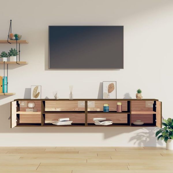 The Living Store Armadi A Muro 2 Pz. Marrone Miele 80X30X30 Cm In Legno Massiccio Di Pino-image