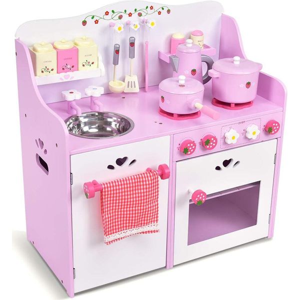 Cucina Per Bambini Costway Con Pentole In Legno, Cucina Da Gioco Con Porta Strofinacci E Asciugamani, Cucina Da Gioco Per Bambini Rosa, Cucina Giocattolo Per Bambini-image