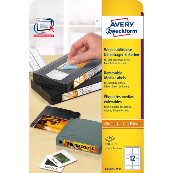 Avery Zweckform® L4742REV-25 Etichette Per Videocassette Vhs, Rimovibili, 78,7 X 46,6 Mm, 25 Fogli/300 Etichette, Bianco-image