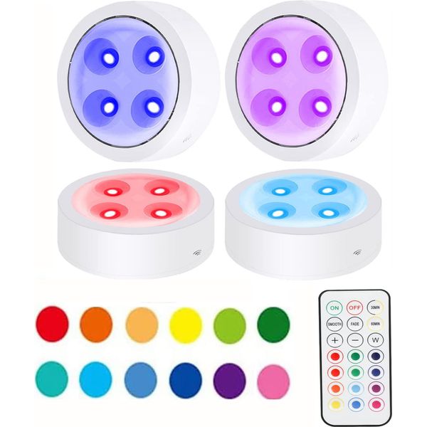 4 Pezzi Rgb Led Sotto La Luce Dell'armadietto Senza Fili Dimmerabile, Illuminazione Dell'armadietto Batteria Timer 13 Colori Touch, Led Spot Telecomando Cucina Scaffale Scala, Bianco-image