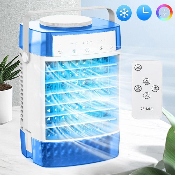 Mini Condizionatore D'aria 4 In 1, Condizionatore D'aria Portatile Silenzioso, Ventilatore Con Raffreddamento Ad Acqua 2 Modalità 3 Velocità Timer Luce Rgb Per Il Campeggio Camera, Blu-image