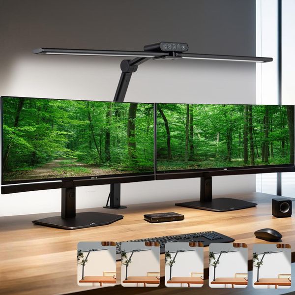 Lampada Da Scrivania Led Dimmerabile A Doppia Testa, Lampada Da Lettura 24W Lampada A Morsetto 5 Colori Di Luce Timer Flessibile, Lampada Monitor Funzione Di Memoria Ufficio Studio-image